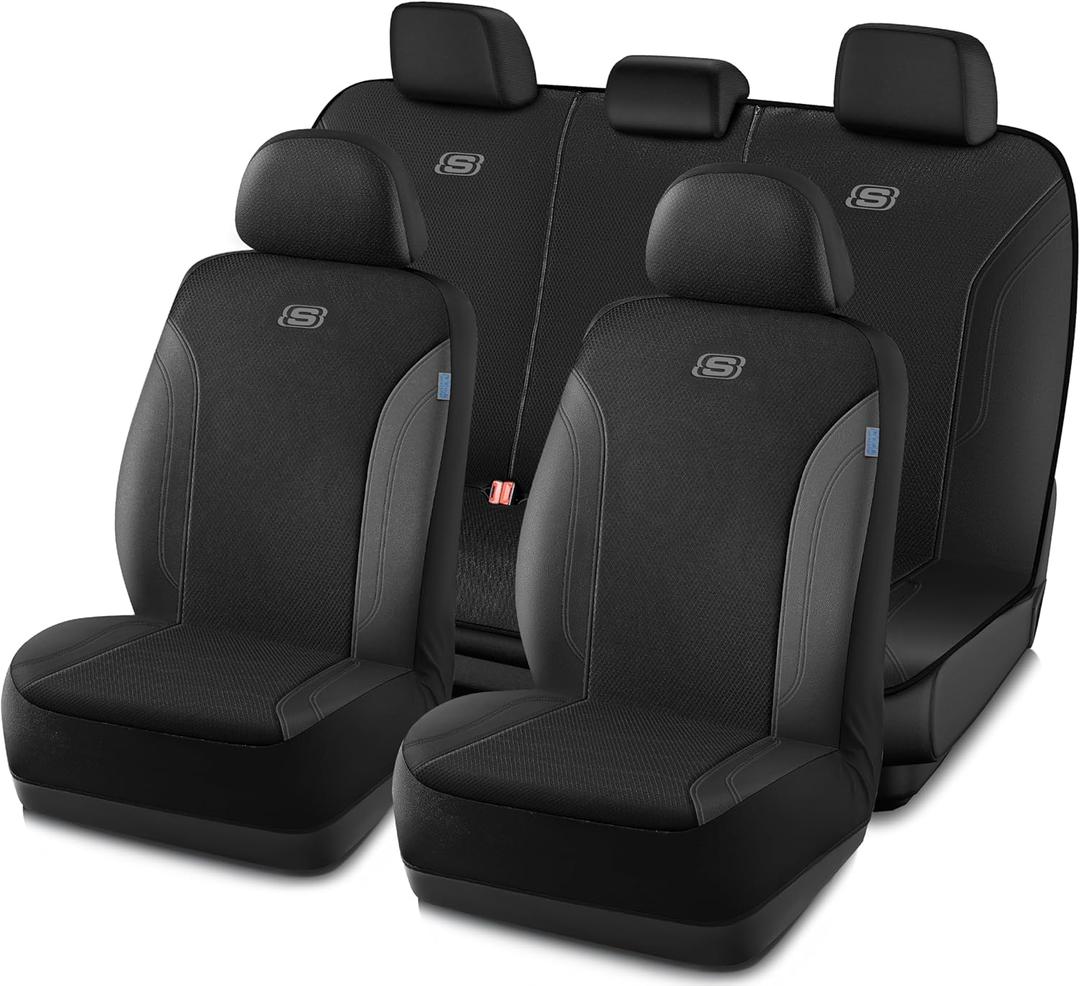 Skechers Car Seat Covers, Work Leather Seat Covers 5-Times Stronger Built-in Webbing, Oxford Fabric Seat Cover Full Sets, Airbag Compatible, Automotive Comfort for Cars, Trucks, SUVs,Black
