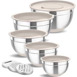 TeamFar Mixing Bowls, 5PCS Stainless Steel Nesting Salad Bowl with Lid & 3 Grater Attachments, for Prepping/Serving/Storing Food, Nontoxic, Airtight Lid & Non-slip Bottom - 4.6/3.5/2.5/1.5/1 QT (Khaki)