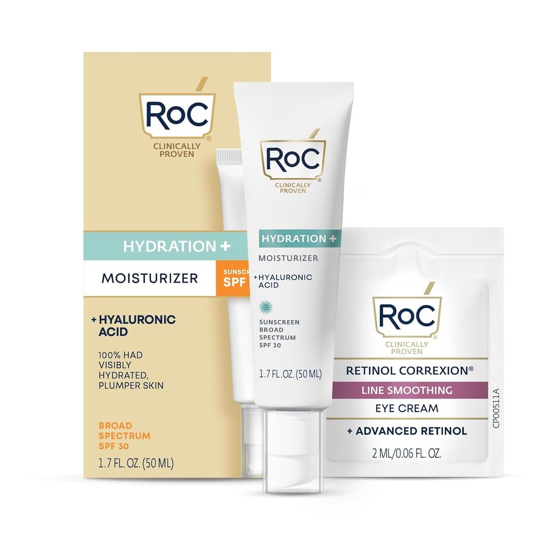 RoC Multi Correxion 1.5% Pure Hyaluronic Acid Anti Aging Daily Face Moisturizer with Sunscreen, SPF 30 Broad Spectrum Moisturizer + Retinol Eye Cream Packette (EXP 04/2027)