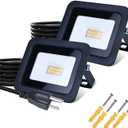 MIWAT 20W 2Pack LED Flood Light with 5FT Cord, Plug in Safety Lights for Flag, Garden, Indoor and Doorway (Black Shell, Warm White)