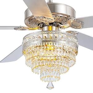 Asyko Crystal Ceiling Fan Fandelier with Lights and Remote Control, 52" Modern Chandelier Ceiling Fans with Reversible Blades, Silent Motor, Fandelier Ceiling Fan with Light Chrome