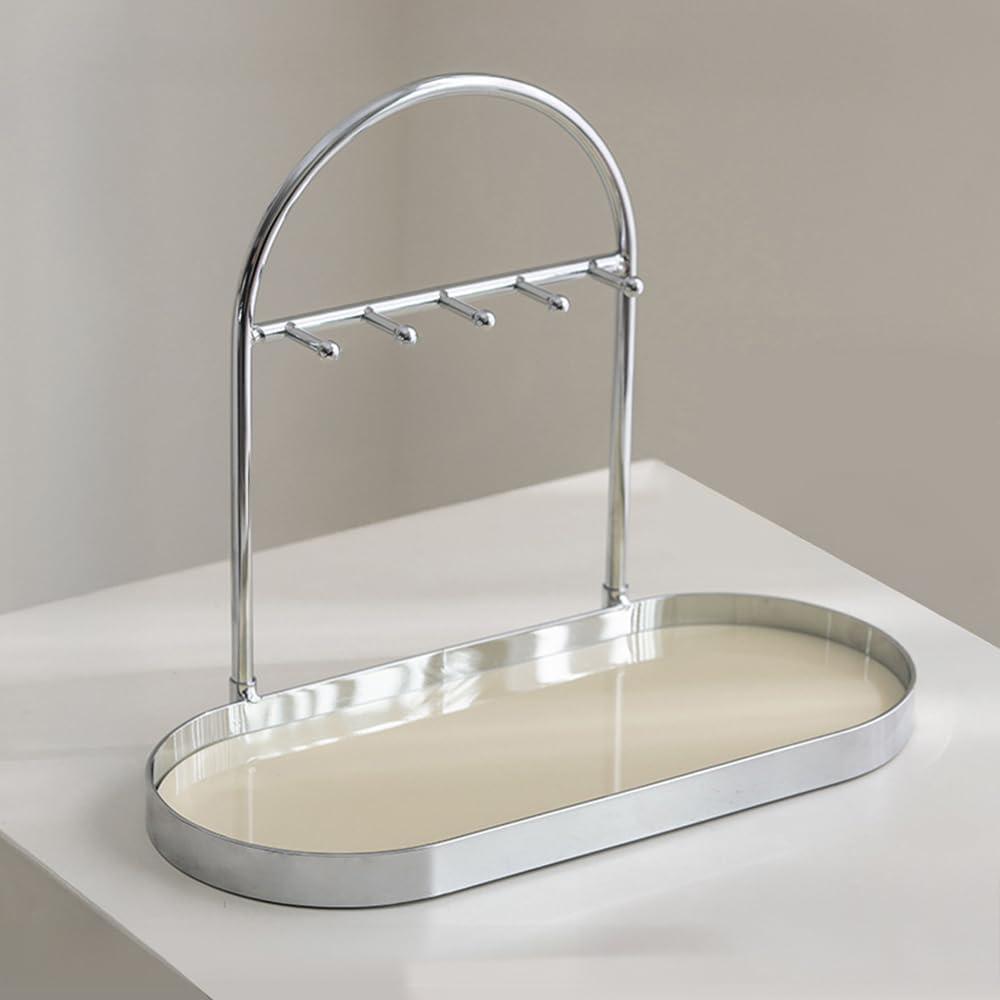Shinpuru Metal Jewelry Organizer Stand & Key Holder Tray with Acrylic Base, Key Stand and Jewelry Tray with 5 Hooks, Perfect Key Bowl, Valet Key Tray, Ring Holder, Jewelry Dish (Silver Creamy)