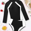 Girls Rash Guard Swimsuit Long Sleeve Swimsuit Color Block Two Piece Bathing Suit for Girls UPF 50+ Padded Swimwear (Black, XS)