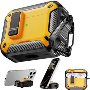 RFUNGUANGO Compatible with Airpods Pro Case 2nd / 1st Generation Protective Case, Compatible with MagSafe, with Cleaning Kit & Keychain,Phone Stand,Magnetic Automatic Lock, Visible LED, Yellow