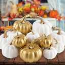 Ywlake 16 pcs Pumpkin Fall Decorations, Decorative Large Small Outdoor White and Gold Foam Plastic Fake Faux Artificial Pumpkins for Halloween Autumn Harvest Festival Home Table Decor