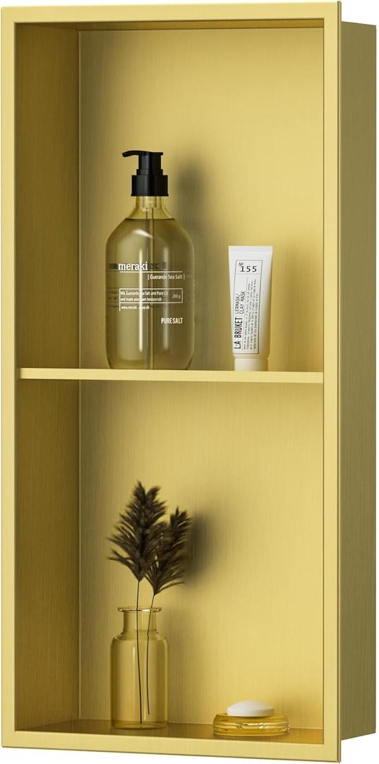 Neodrain No Tile Shower Niche, 12X24Inch Golden Stainless Steel Wall Niche, Two-Tier Bathroom Shelf, NO Tile Needed Recessed Niche for Bathroom Storage