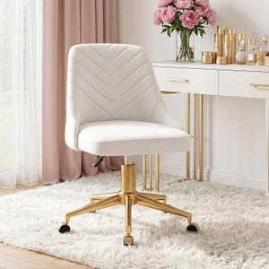 VECELO Velvet Vanity Desk Chair with Height-Adjustable for Office Living Room Bedroom Make Up Study, 360Swivel, Wheeled Gold Base, White