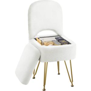 Small Vanity Stool Chair with Storage and Folding Back, 13.4" x 15" x 30" Square Faux Fur Soft Ottoman, 4 Metal Legs with Anti-Slip Feet, Furry Padded Seat for Makeup, Bedroom, White