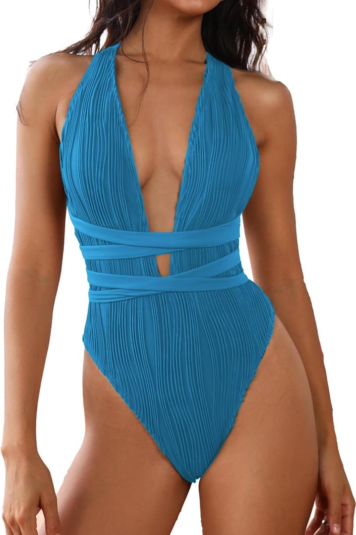 ZAFUL Women's One Piece Swimsuit Deep V Neck Ribbed Self Tie Sexy High Cut Bathing Suit Crisscross Back Swimwear (Blue, L)