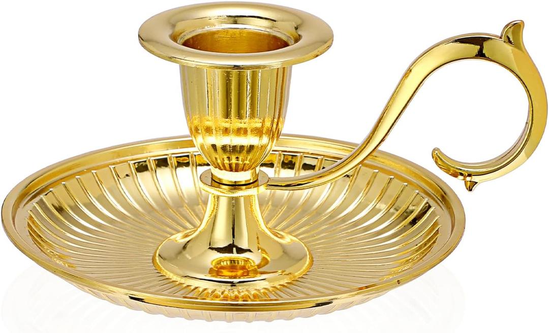 OwnMy 1 Vintage Candlestick Holder Decor, Antique Brass Taper Candle Holder with Carry Handle and Candle Drip Catcher Tray, Eleagnt Taper Candle Stand for Wedding Dining Table Centerpiece, Gold