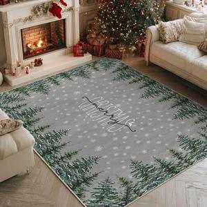 Artoid Mode Grey Pine Tree Merry Christmas Area Rug, Winter Home Decor Low-Profile Washable Rug for Entryway Bedroom Living Room Laundry Room Office Indoor 5x7 Feet