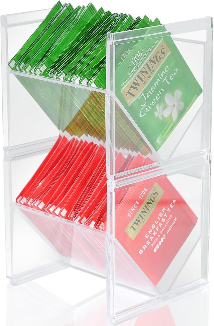 Caylielam 2Pcs Tea Bag Storage Organizer, Stackable Clear Plastic Tea Holder and Coffee Pod Containers, Sugar Creamer Box for Drawer Countertop Cabinet Coffee Station, 4.6”Lx4.0”Wx4.3”H