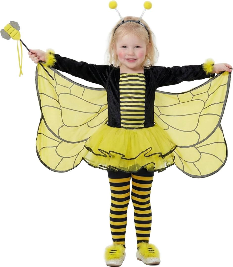 IKALI 10PCS Toddler Bee Costume With Wings Accessories, Little Girls Spring Birthday Gift Dress Up Party Outfits 3-4T