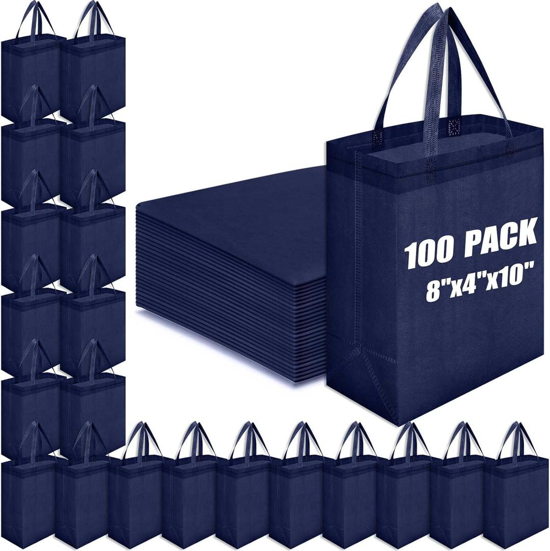 Windyun 100 Pcs Reusable Tote Bag Bulk 8 x 4 x 10 Inch Non Woven Shopping Bag with Handle Reusable Grocery Gift Tote (Navy Blue)