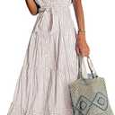 utcoco Womens Casual Short Sleeve Button Down Tie Waist Ruffled Striped Maxi Shirt Dress Khaki  XL