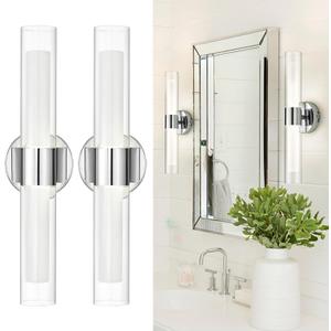 kudos Chrome Modern Sconces Wall Lighting, 2Pc Wall Sconces with Clear Glass and Frosted Glass, Modern LED Vanity Light for Bathroom, 3000K/4500K/6000K Adjustable,KDVL06-CH-2-2PK