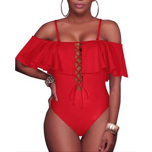 Tempt Me Women Red Sexy One Piece Swimsuit Ruffled Off Shoulder Lace Up Bathing Suit, M, Red