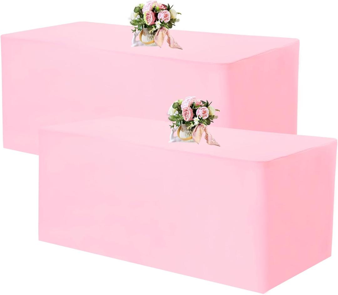 Fivenl 2 Pack Fitted Tablecloths 48 x 30 Inch, Rectangle Table Clothes for 4 Foot Tables, Washable Polyester Fabric Table Cover for Parties, Wedding, Banquet, Trade Show (Pink, 4FT)