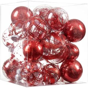Clear Christmas Ball Ornaments,24ct Shatterproof Plastic Decorative Christmas Ornaments Hanging Xmas Tree Baubles Set with Stuffed Delicate Glittering Decorations for Holiday Party Home Decor (Red) (Multi-Size/24-Pack)