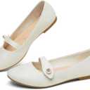 FINIWOR Women's Mary Jane Flats  Floral Print with Pearl Buckle, PU Leather Slip-On Ballet Flats (7.5, White)