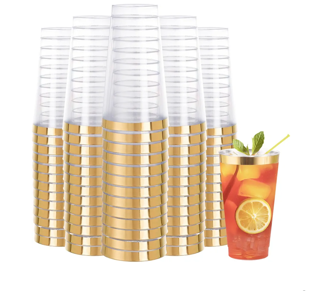 DaYammi 100 Pack Gold Plastic Cups 16 Oz Elegant Clear Plastic Cups Gold Rimmed Disposable Wine Glasses Fancy Disposable Party Cup Wedding Cup Drinking Tumblers Cocktail Glasses with Gold Rim