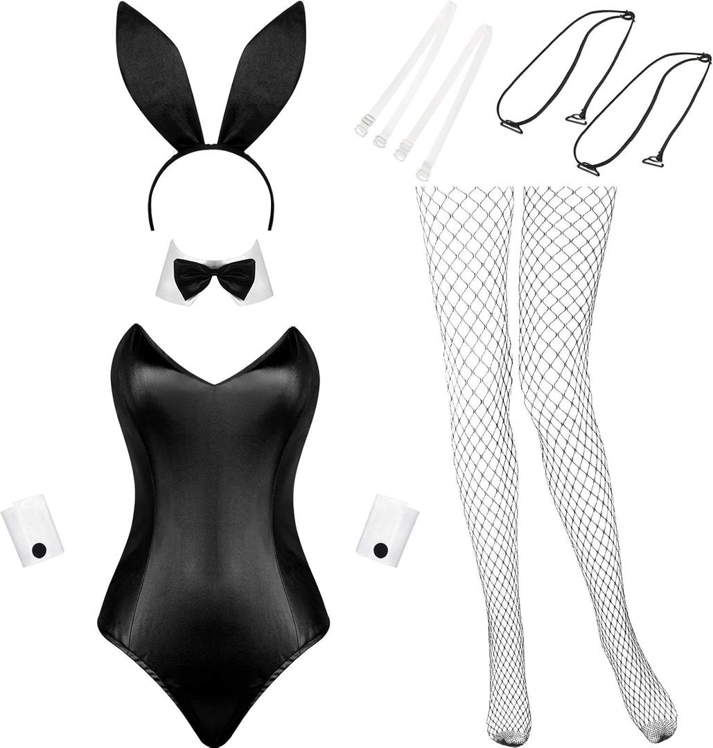 Geyoga Anime Women Bunny Costume Bunny Outfit Halloween Cosplay Bodysuit Role Costume Bunny Headband Stocking Set (Small, White and Black)