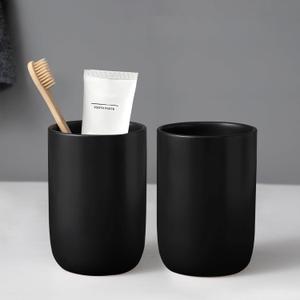 Matte Black Toothbrush Holders for Bathrooms - 2 Cups Ceramic Toothbrush Toothpaste Holders Set, Black Bathroom Tumbler Cups Reusable Toothbrush Cup Black Mouthwash Cup, Bathroom Counter Organizer