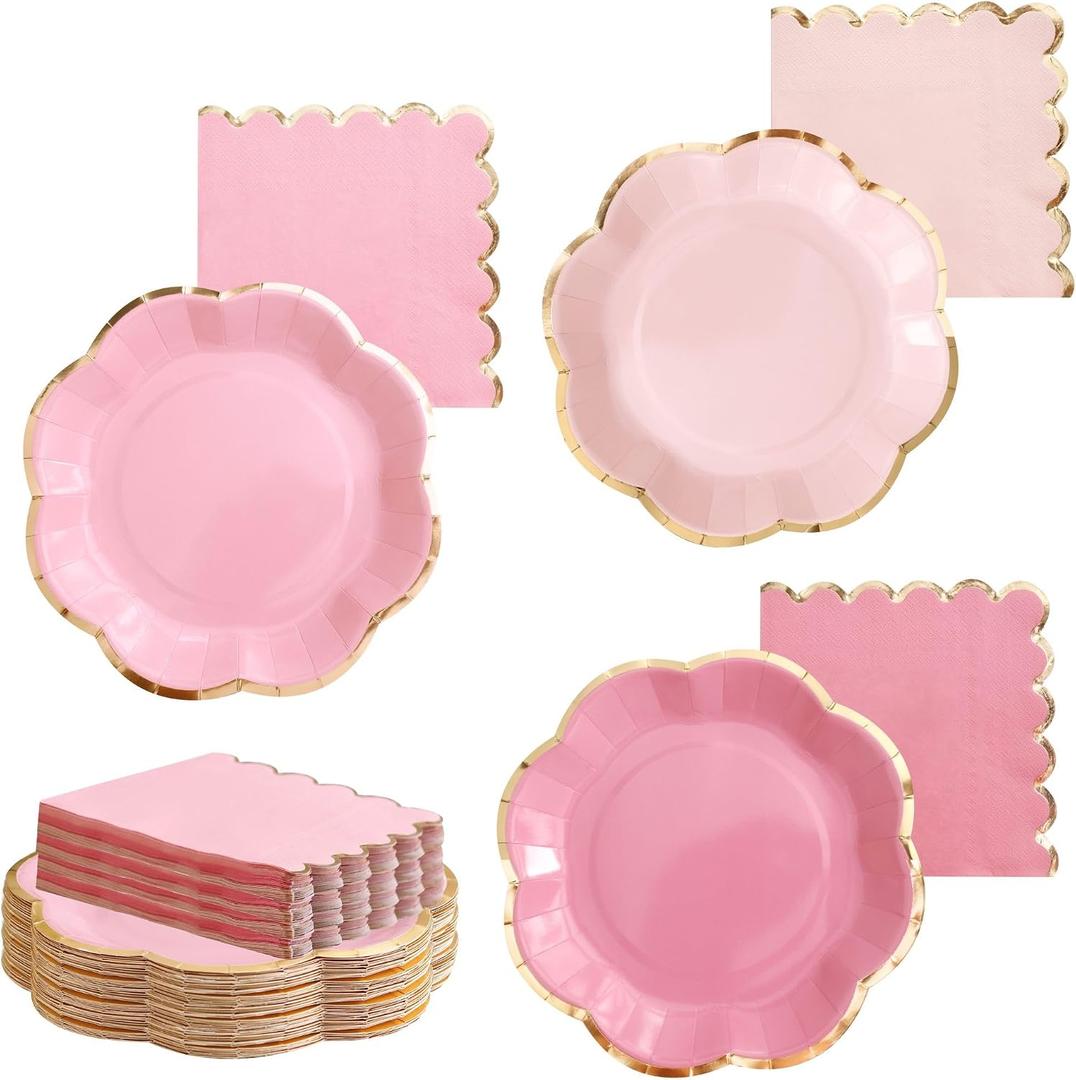 Winoo Design 48PCS Pink Plates and Napkins Disposable - 24 PK - Pink Floral Paper Plates for Tea Party Baby Shower Bridal Shower Birthday Wedding