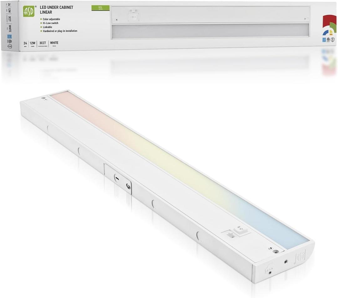 ASD LED Under Cabinet Lighting Plug in or Hardwired 24 Inch, Dimmable Under Cabinet Lights with High/Low/Off Switch, 3CCT 2700K-4000K, Linkable Under Counter Lights for Kitchen, ETL Listed, White, 1 Pack