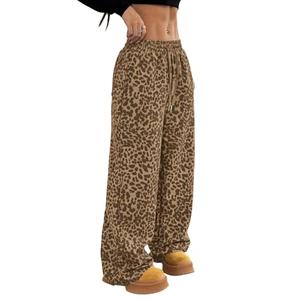 ACCPUR Women's Leopard Baggy Wide Leg Sweatpants Drawstring High Waisted Cheetah Print Lounge Barrel Trousers with Pockets, Large