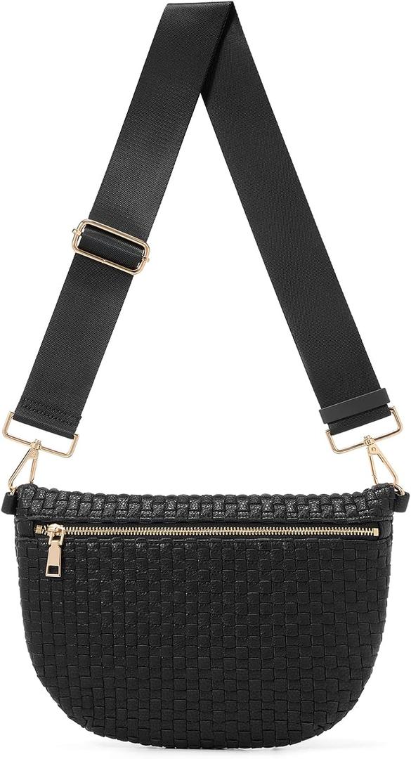Woven Crossbody Bags For Women, Checkered Fashion PU Bum Bag Waist Pack, Travel Sling Purse with Adjustable StrapDark Balck)