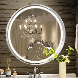 Hasipu 24 Round LED Mirror for Bathroom with Lights, Silver Circular Vanity Mirror for Wall, Metal Framed Frontlit Bathroom Mirrors Anti-Fog, Dimmable, 3 Colors Makeup Mirror Wall Mounted (24"L x 24"W, Silver Led Round)