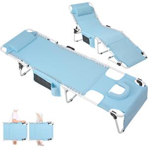 Heavy Duty Tanning Chair with Face Hole Adjustable 5-Position Folding Chaise Lounge Chairs for Outside Portable Lay Flat for Beach, Outdoor Sunbathing Patio Pool Lawn Camping Deck Poolside, Onesize