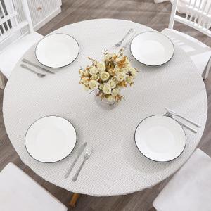 Round Vinyl Fitted Tablecloth with Flannel Backing Elastic Edge Design Table Cover Waterproof Oil-Proof PVC Table Cloth Stain-Resistant Wipeable for Round Table (Small Round Fits Table up 40"-44" Diameter, Weaving)