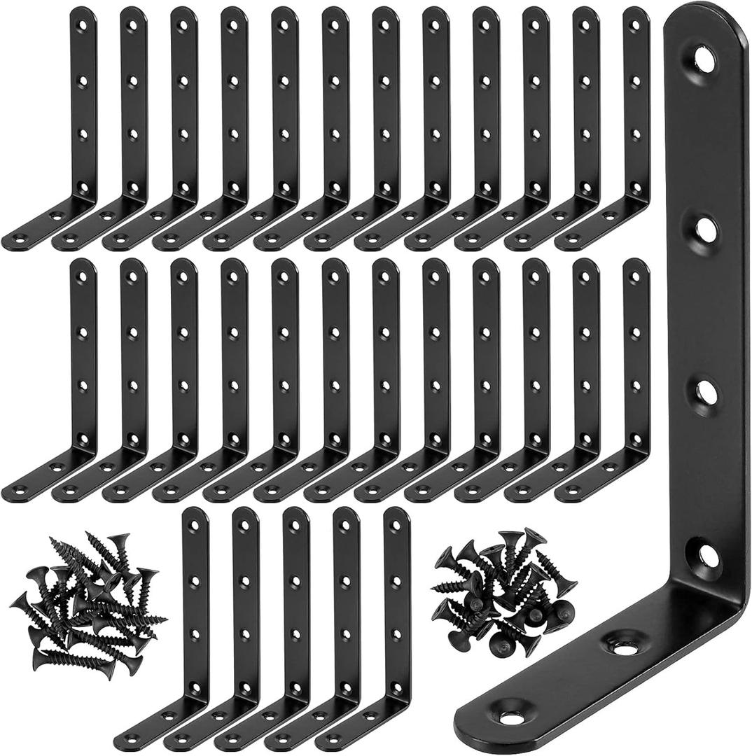 Black L Bracket, ZEONHAK, 30 Pack 5 x 3 Inch Heavy Duty Corner Brace Bracket, Shelf Bracket for Wood Chair Bookshelf Cabinets Furniture, with Screws