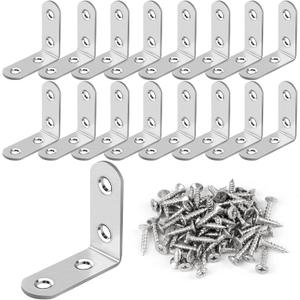 16 Pcs L Bracket Stainless Steel Corner Brace Sets, 90 Degree Right Angle Brackets with 64 Pcs Screws, L Bracket Firmware for Wooden Shelves, Chairs, Tables, Dressers, Furniture (Silver)