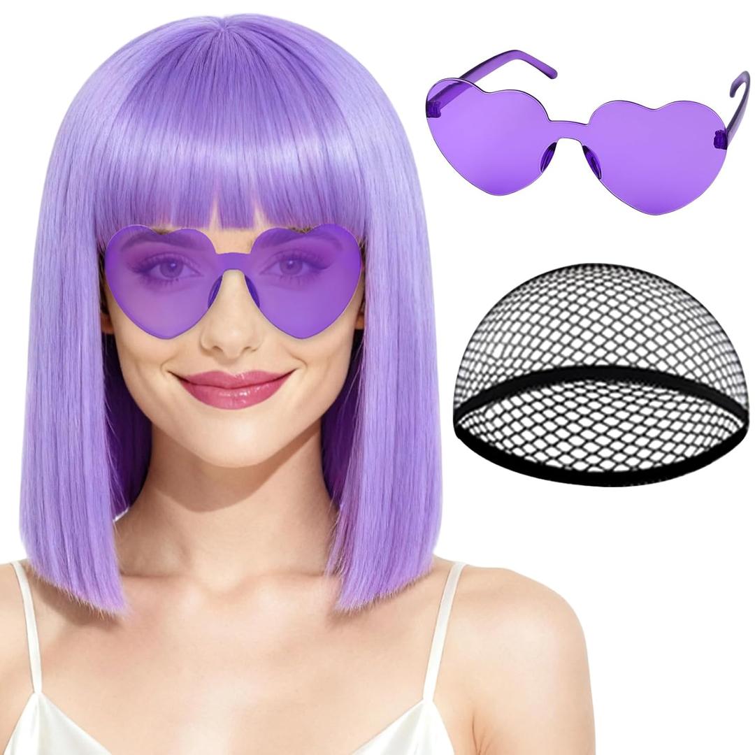 PLULON Short Light Purple Straight Bob Wig with Bangs, Shoulder Length Heat Resistant Synthetic Hair Bob Wigs with Heart Sunglasses for Women Natural Look Daily Wear Cosplay Halloween Costume Party