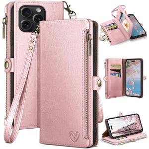 XcaseBar Compatible with iPhone 16 Pro 6.3" Wallet case with Zipper Credit Card HolderRFID Blocking,Flip Folio Book PU Leather Phone case Shockproof Cover Women Men for Apple 16 Pro case Rose Gold