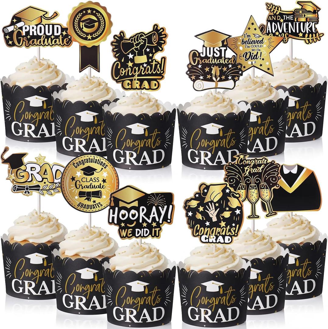 FoldTier 96 Pcs 2026 Graduation Cupcake Liners and Cupcake Toppers Graduation Baking Cups with Picks Grad Black Gold Class of 2026 Party Supplies Mini Cake Decorations