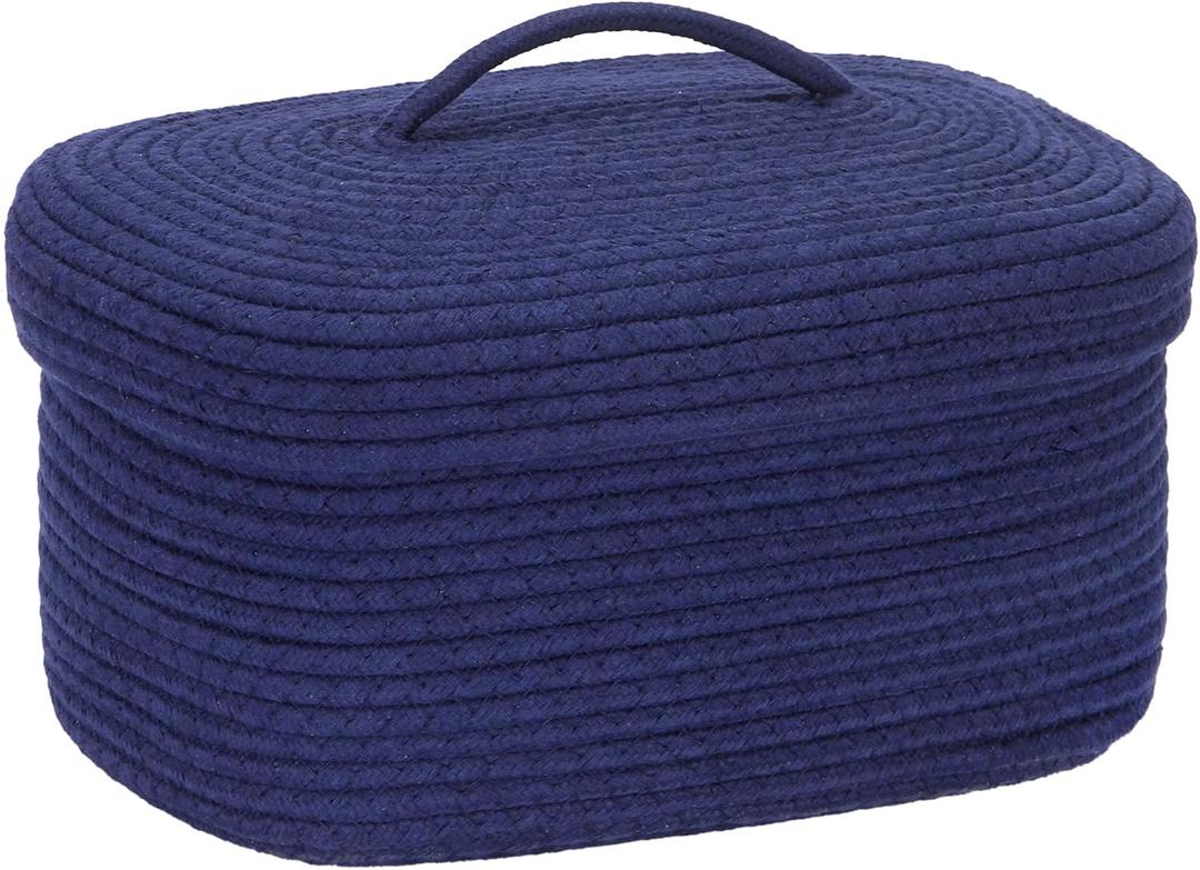 Sea Team Oval Cotton Rope Storage Basket with Lid, Lidded Woven Storage Bin, Nursery Storage Container, Diaper Caddy, Baby Shower Basket, Box, Organizer, 15 x 11 x 6.5 Inches (Medium, Navy Blue)