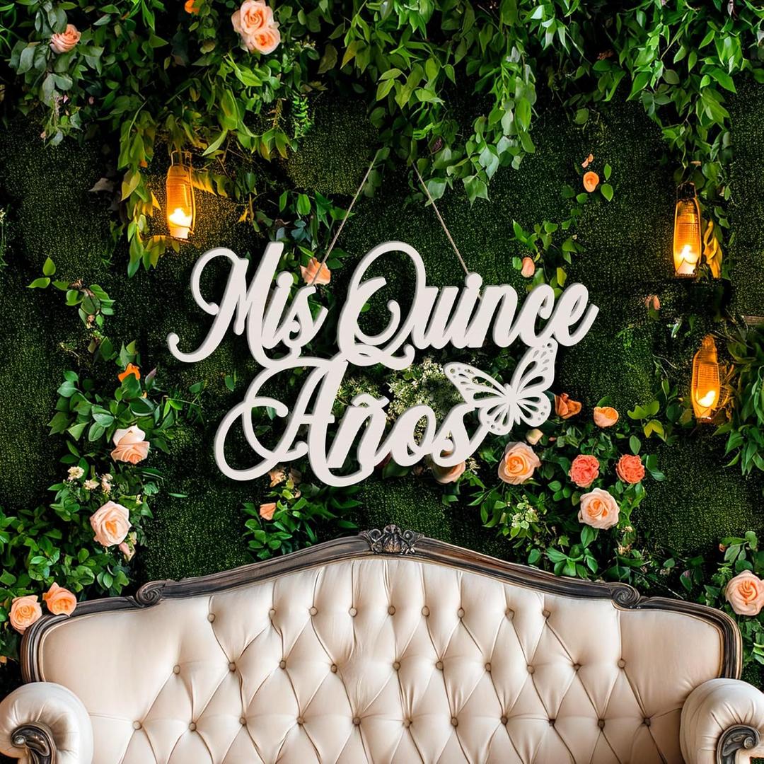 Mis Quince Años Sign Quinceañera Decorations 15th Birthday Quinceañera Party Backdrop Wooden Banner Wall Decor Sign White Mis Quince Años Birthday Gift for Wall Bedroom Photo Booth Decor Gift