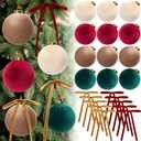 Liliful 4 Inch Red and Green Velvet Christmas Ornaments Set, 6 Large Flocked Ornaments Ball, 24 Christmas Velvet Ribbon Bows 5 x 7, Shatterproof Vintage Xmas Tree Wreath Mantel Hanging Decor