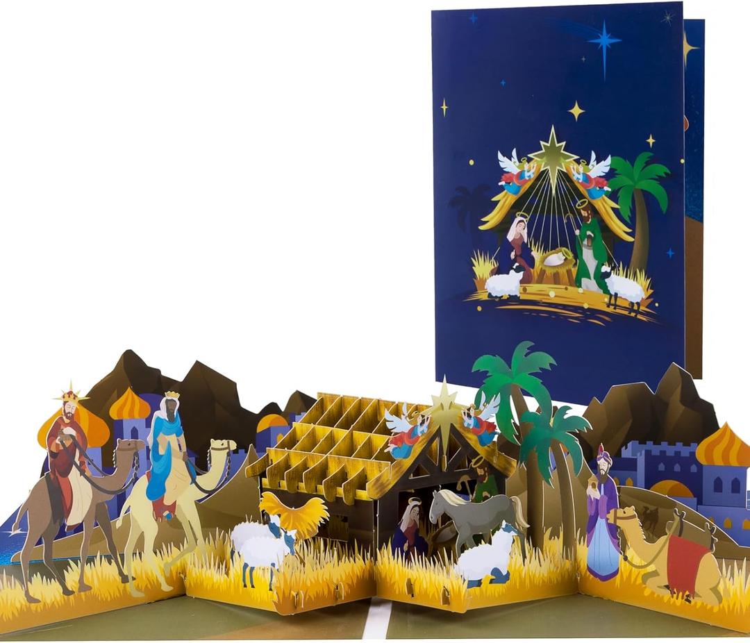 2 x Magic Ants 3D Pop-Up Nativity Christmas Card with Holy Family, Angels, Shepherds, Wise Men, Animals, Starry Night, Palm Trees, Religious Holiday Greeting Card