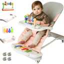 CuddoBaby Baby Bouncer 4-in-1 on Wheels |Detachable Pianos, Feeding Tray| 3-Level Recline Foldable Seat with Play Bar for Infant to Toddler 0-6, 0-12, 12-24 Months, Girl Gift Idea - Pink