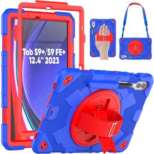SEYMAC Case for Samsung Galaxy Tab S10+ Plus 2024/S9 FE+/S9+ 12.4'' 2023, Shockproof Protective Case with Screen Protector, Rotating Stand, Hand/Shoulder Strap, Dark Blue