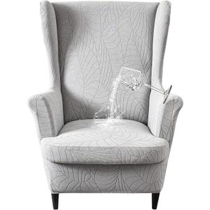 Waterproof Wingback Chair Cover, Stretch Jacquard Wing Chair Slipcovers 2 Piece, Wingback Armchair Sofa Slipcover Super Soft Fabric Furniture Protector with Elastic Bottom for Living Room Bedroom (Jacquard, Light Gray)