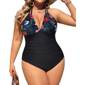 Aqua Eve Plus Size Swimsuits One Piece Bathing Suit for Women Tummy Control Sexy Halter Swimwear Black Floral 14W