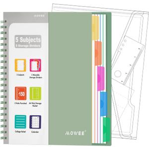 5 Subject Notebook - Spiral Notebook, College Ruled Notebook With Dividers Pocket, Tabs, 11" Ruler, 300 Pages, for Writing Journal, Home & Office, School Supplies, 8.5x11''Forest Green 150Sheets