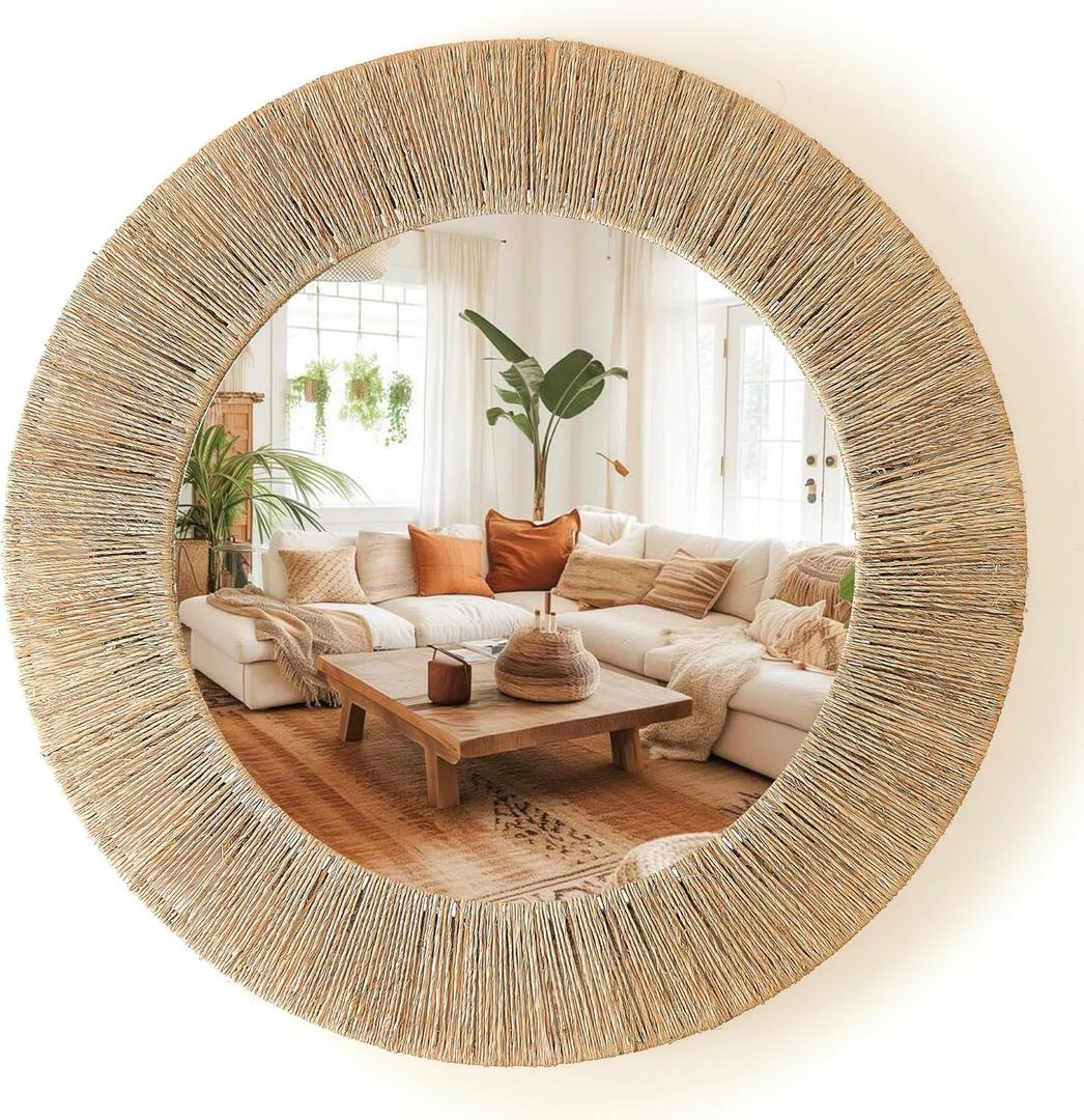 Chi An Home 24 Inch Natural Jute Mirror, Wall Mounted Round Mirror with Metal Frame, Wall Decor Rustic Farmhouse Boho Decor Accent for Bathroom, Bedroom, Living Room, or Entryway