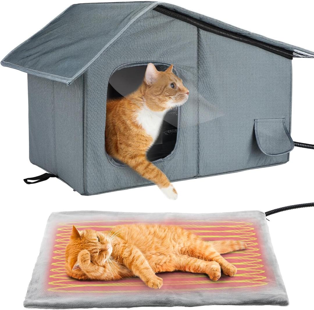 Weatherproof Heated Cat Houses for Outdoor Cats - Insulated Cat Shelter for Winter with Thermostatic Heating Pad and Escape Door, Warm Outside Pet House Gift for 1-2 Feral Cats (Medium)